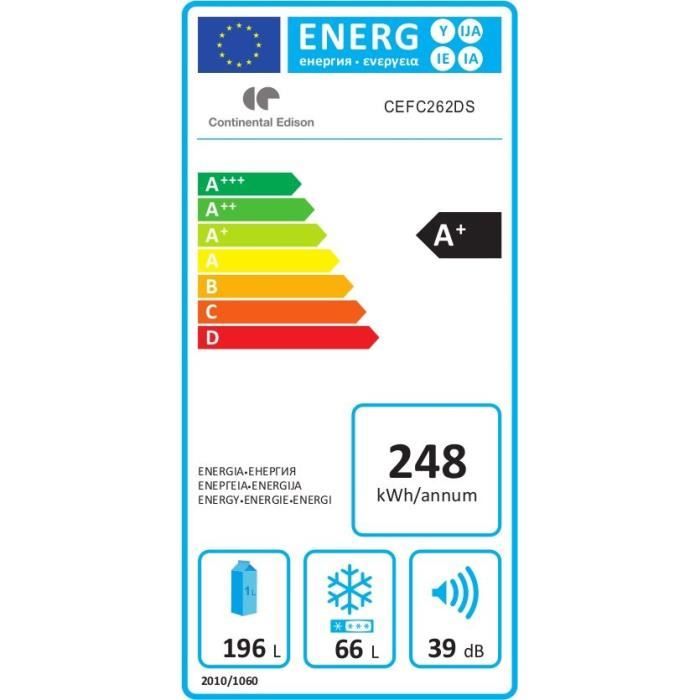 CONTINENTAL EDISON CEFC262DS - Réfrigérateur combiné - 262L (196L + 66L) - Froid statique - A+ - L 55 x H 180 cm - Silver