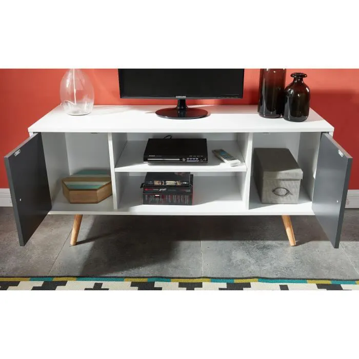 Meuble TV scandinave pieds en bois gris foncé et blanc - L 116 cm - BABETTE